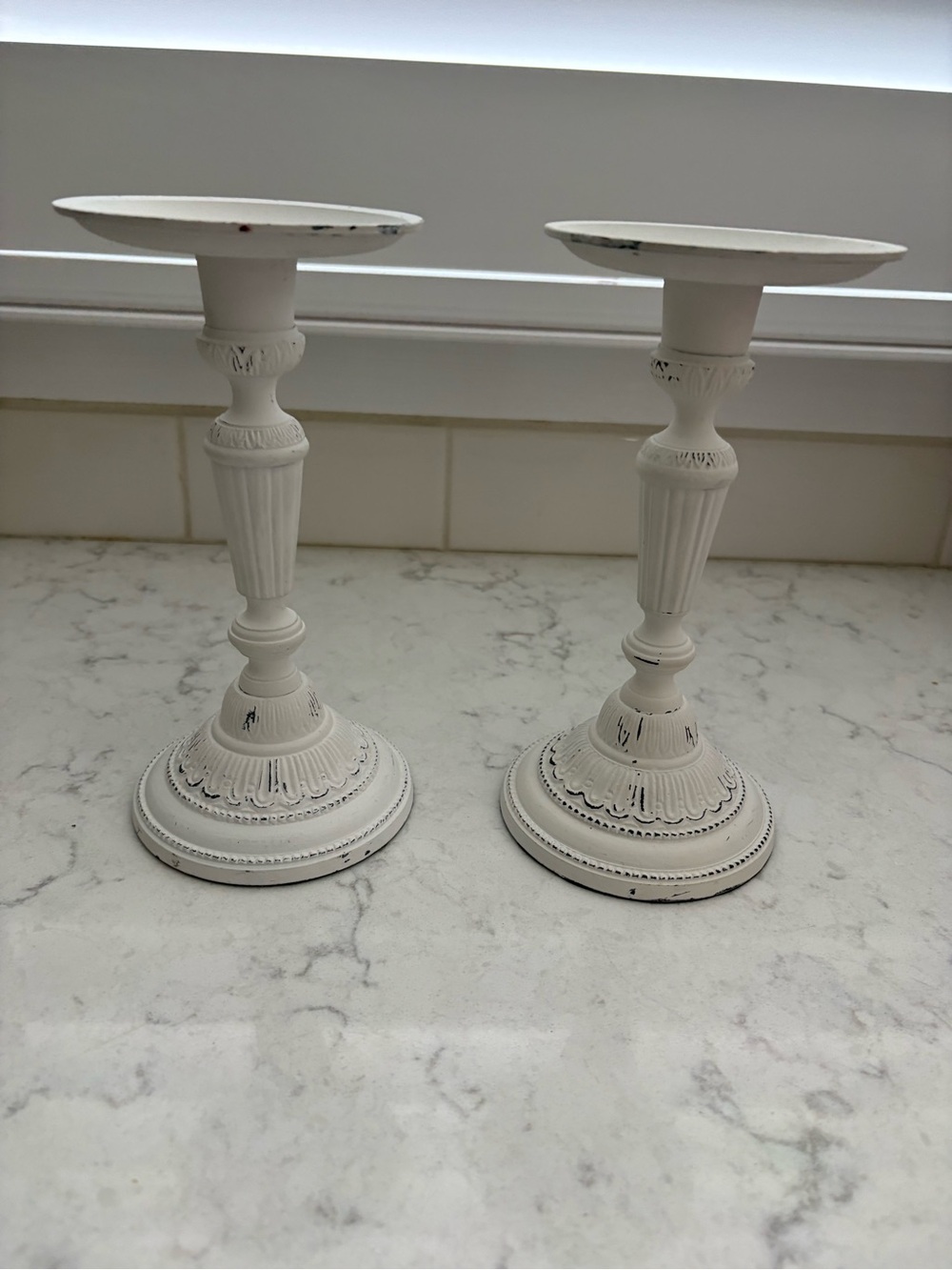 Macy's Distressed Cream Decorative Candlestick Pair
